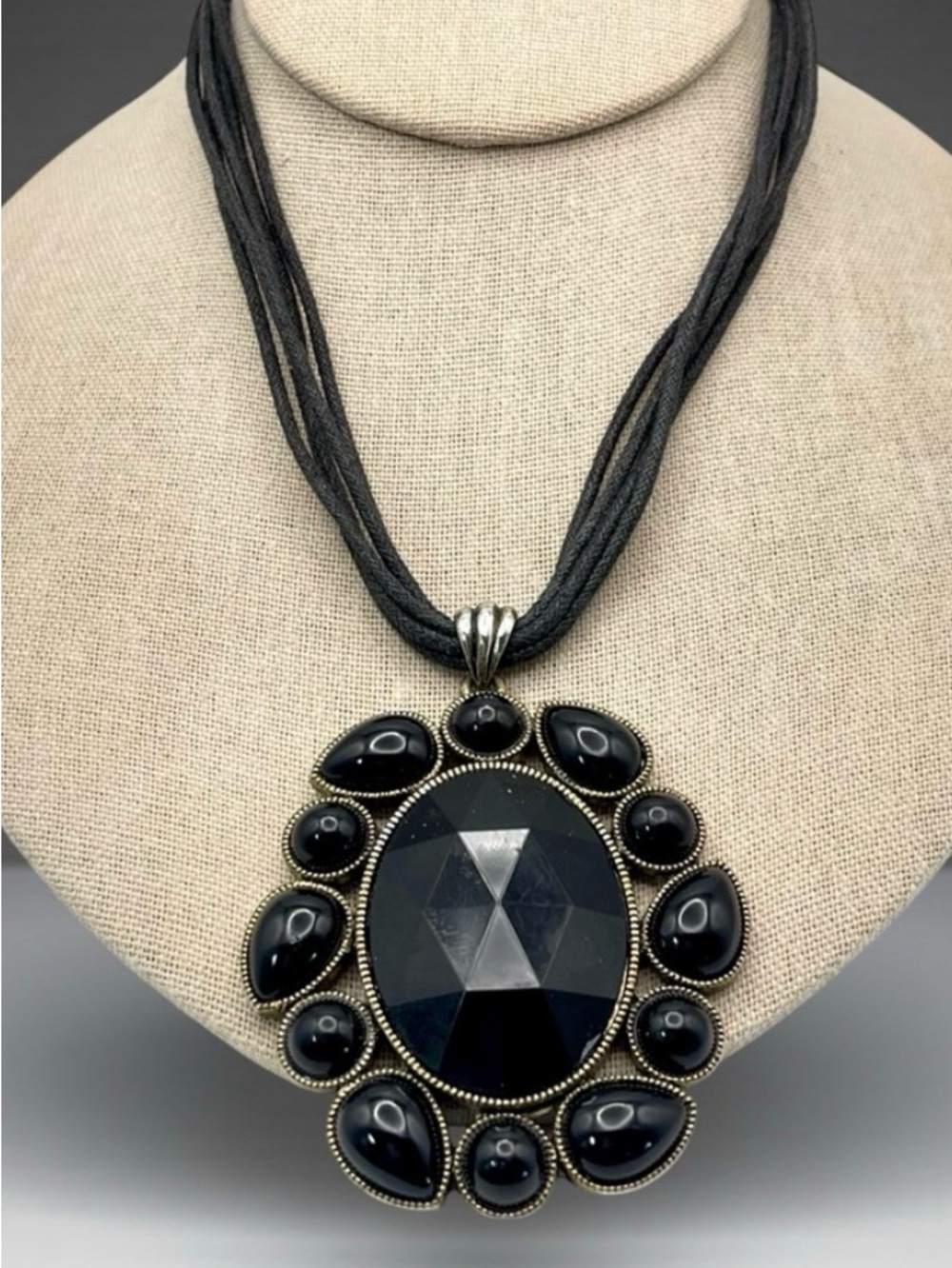 Bold Black Acrylic Pendant on Multi Strand Cords Statement Necklace